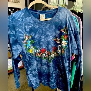 Vintage Birds/floral blue tie dye l/s t-shirt Back to Esrth sz:L